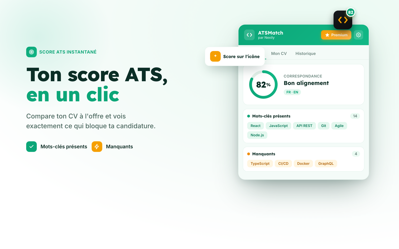 Score ATS et comparaison du CV à une offre d'emploi dans Nexily ATSMatch sur Chrome