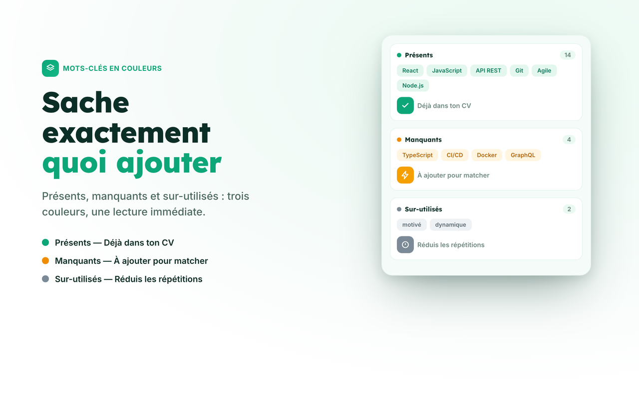 Liste des mots-clés présents, manquants et sur-utilisés détectés par Nexily ATSMatch