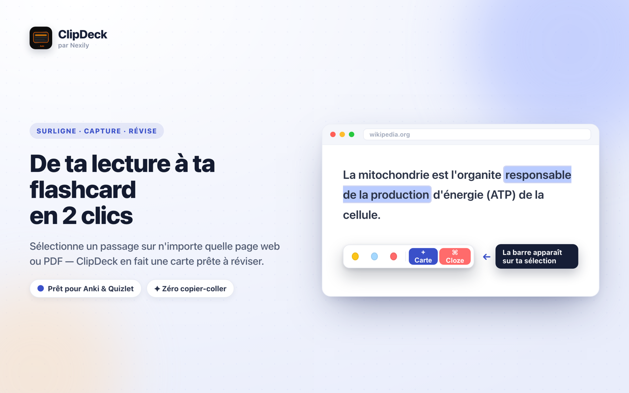 Création d'une flashcard à partir d'un surlignage web dans Nexily ClipDeck sur Chrome