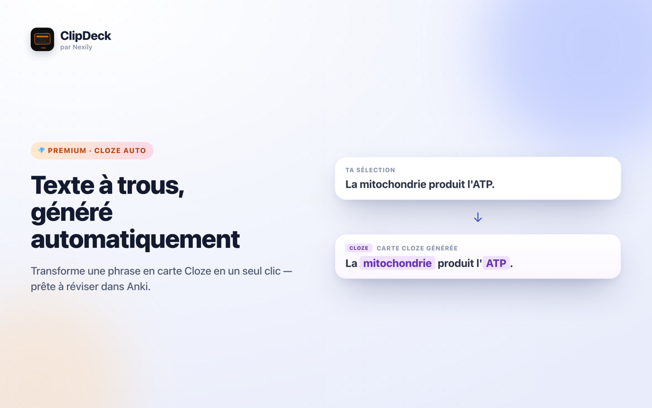 Carte à trous (cloze) générée par Nexily ClipDeck