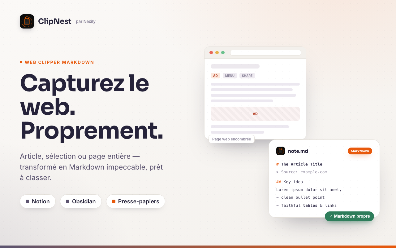 Capture d'une page web en Markdown propre avec Nexily ClipNest sur Chrome