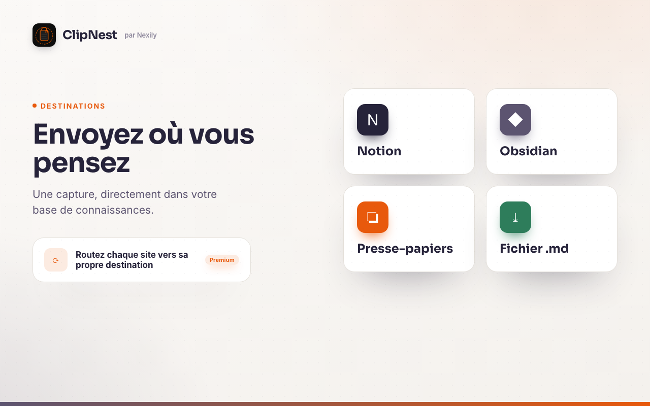 Destinations Notion, Obsidian et presse-papiers dans Nexily ClipNest