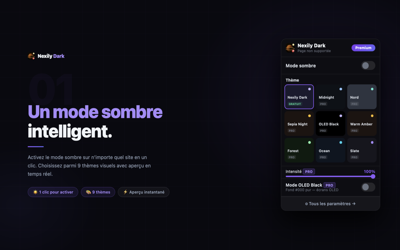 Mode sombre intelligent de Nexily Dark appliqué dans Chrome