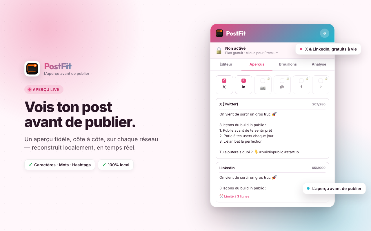Aperçu multi-plateformes d'un post dans Nexily PostFit sur Chrome