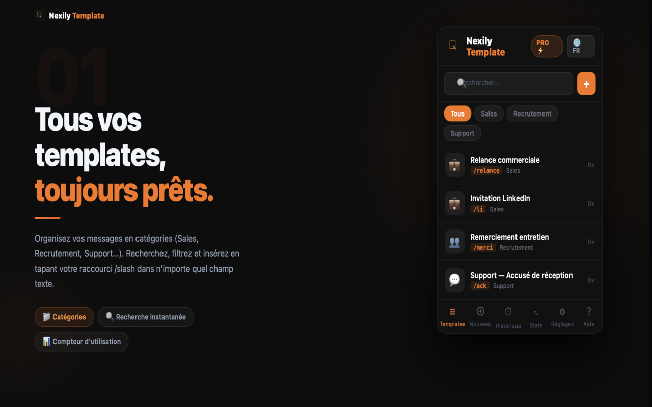 Modèles de messages de Nexily Template insérés via un raccourci /slash dans Chrome
