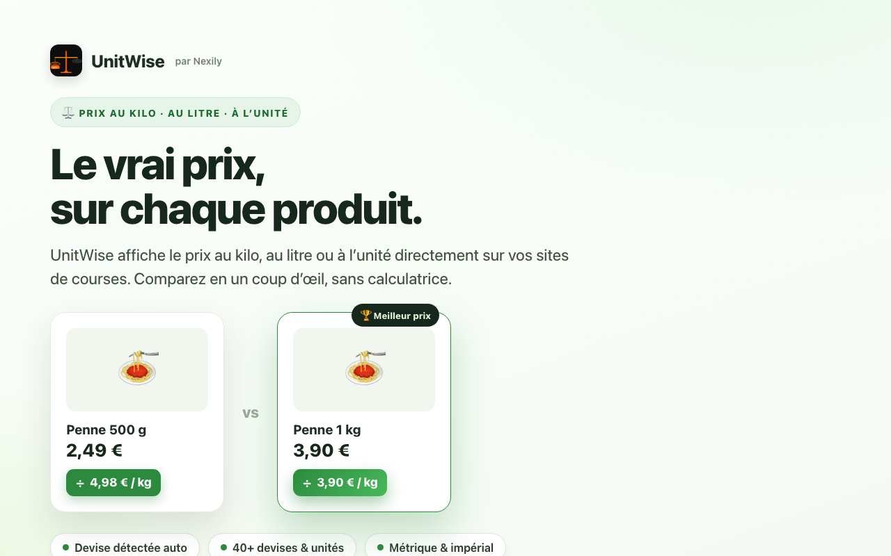 Badge de prix au kilo affiché sur un produit avec Nexily UnitWise sur Chrome